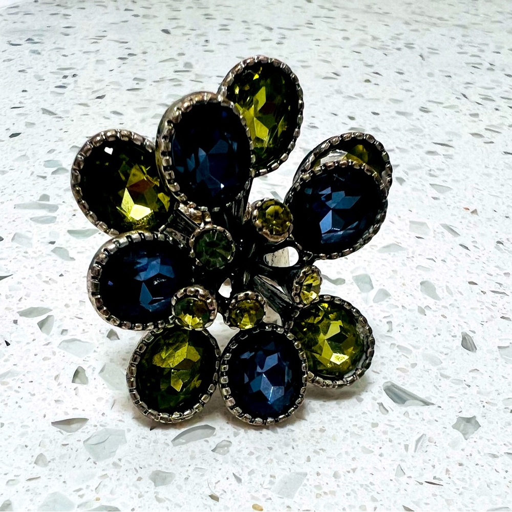 Floral, stretchable, shiny blue & green.